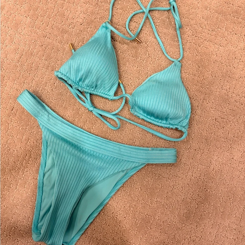 Monday Swimwear Turquoise Ribbed Triangle Bikini Set